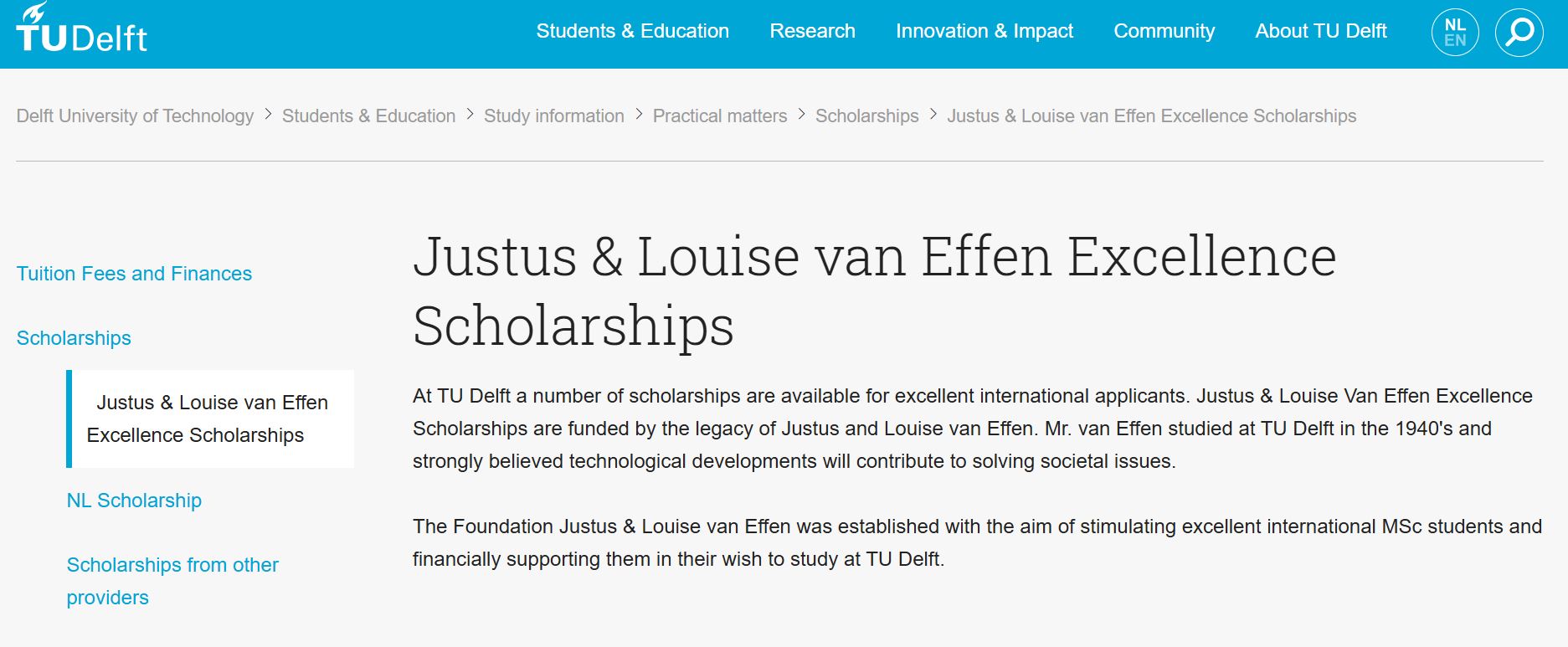 Justus & Louise van Effen Excellence Scholarships for International Students at TU Delft