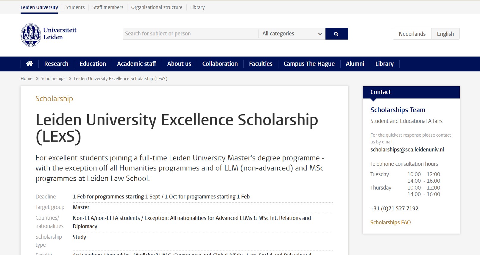 Leiden University Excellence Scholarships (LexS)