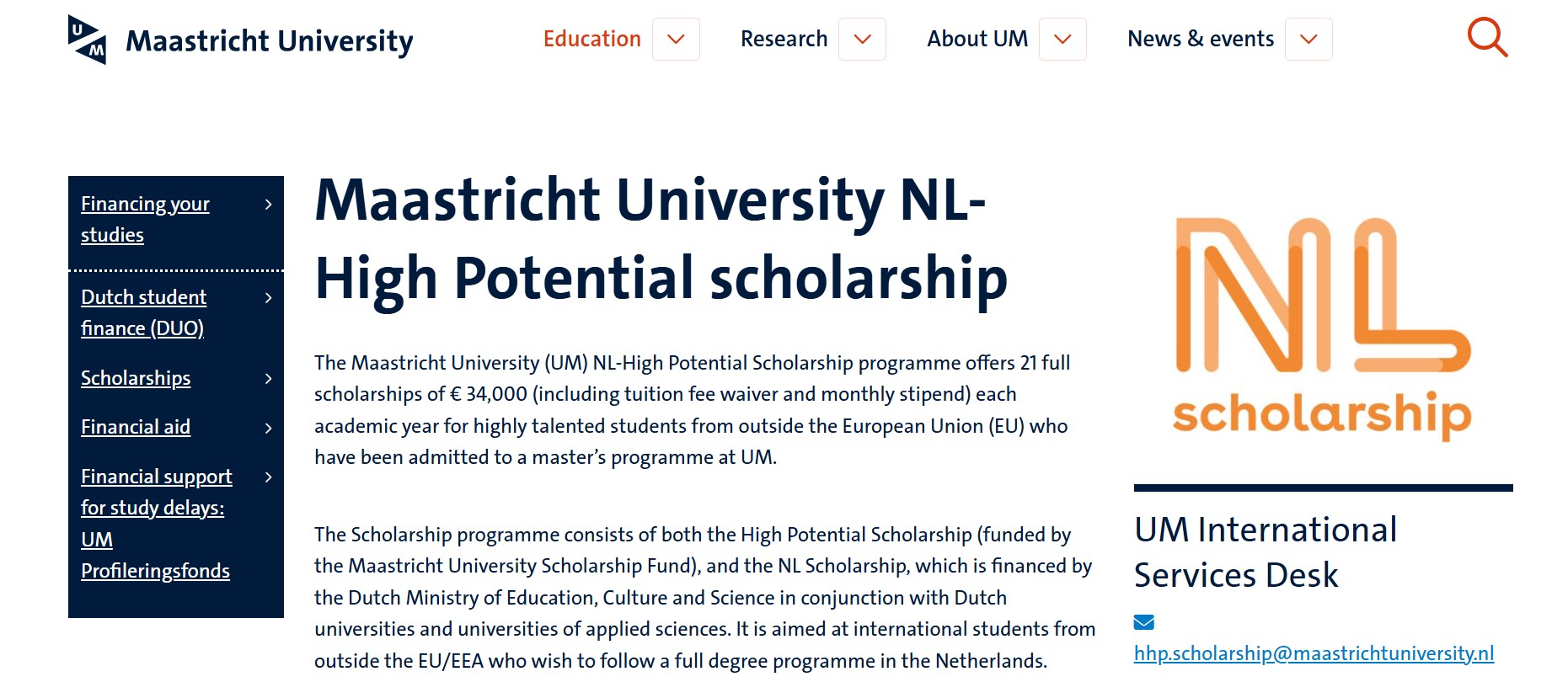 Maastricht University NL-High Potential Scholarships for International Students