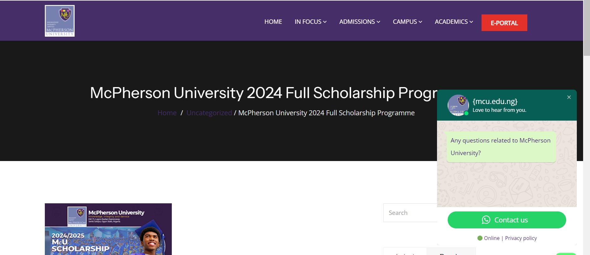 McPherson University Undergraduate Scholarship 2024