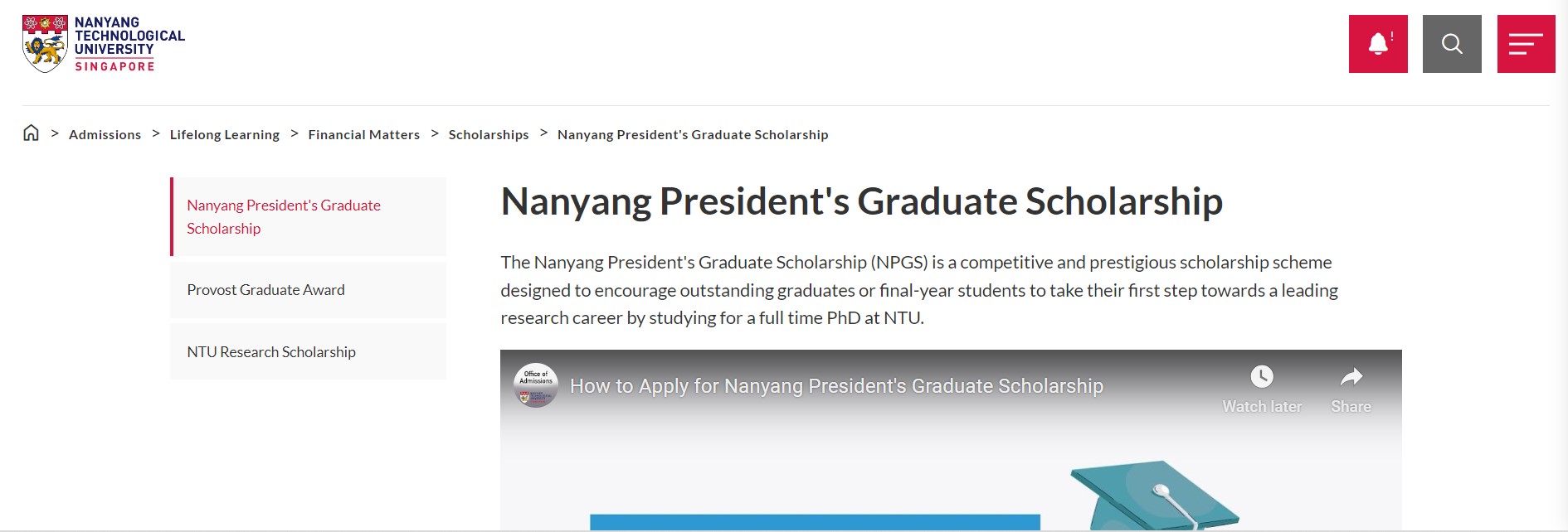 Nanyang President's Graduate Scholarship (NPGS) for 2025/2026