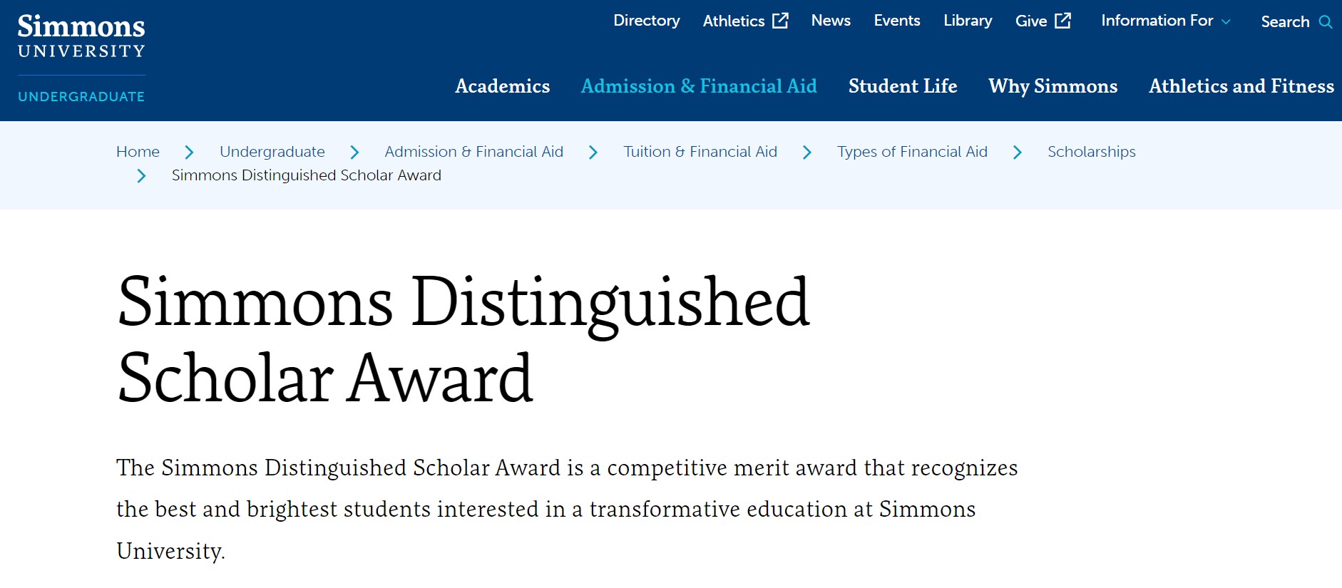 Simmons Distinguished Scholar Award 2024 For Undergraduate Students