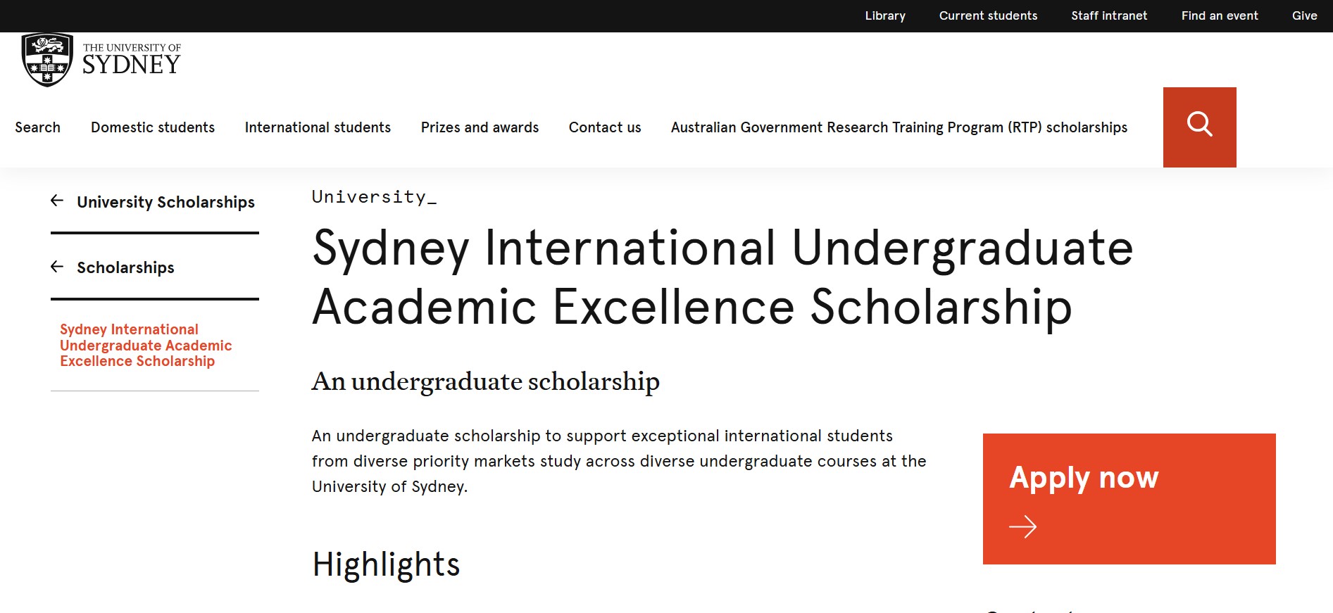 Sydney International Undergraduate Academic Excellence Scholarship