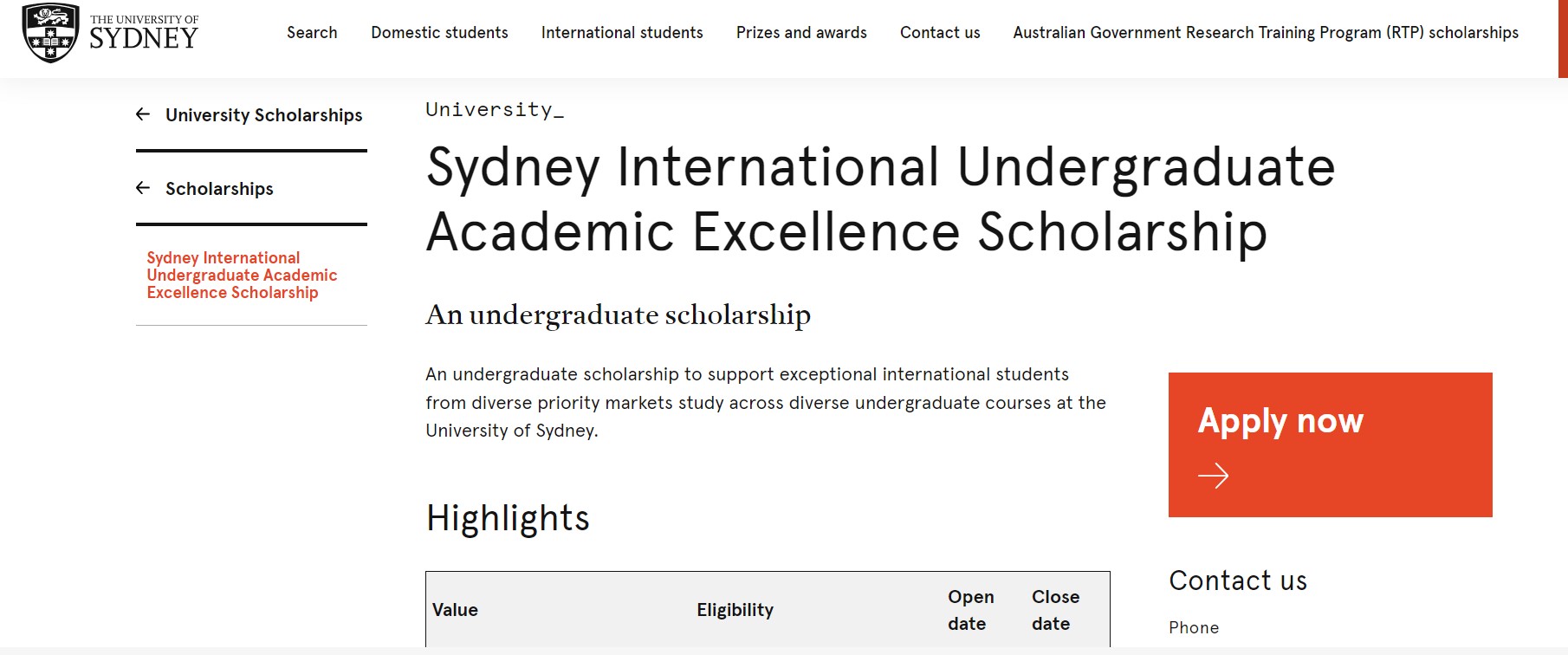 Sydney International Undergraduate Scholarship 2024