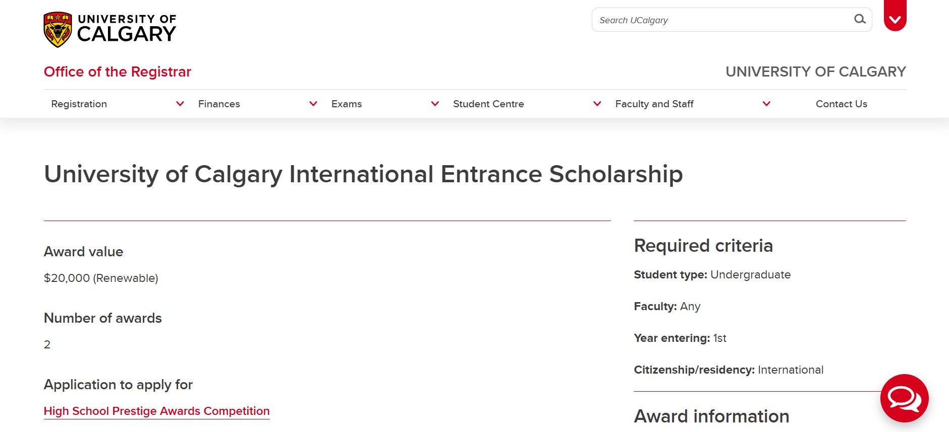 University of Calgary International Entrance Scholarship