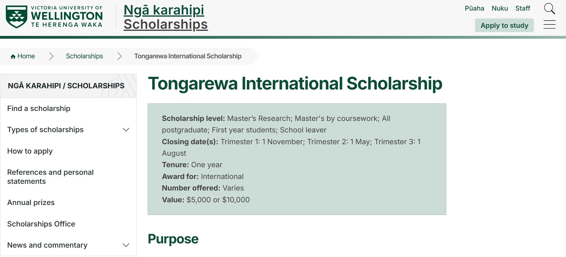 Victoria University of Wellington Tongarewa International Scholarship