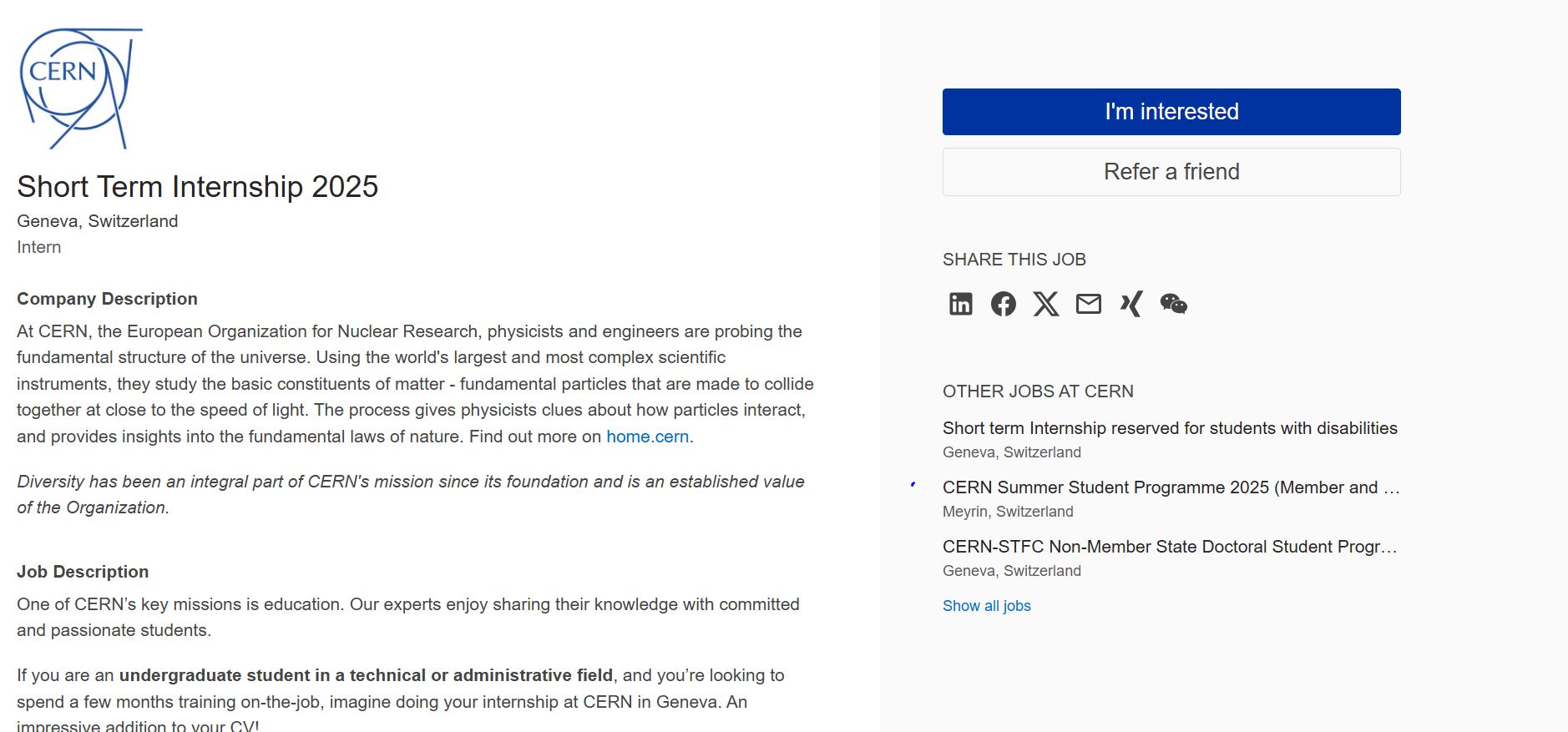 CERN Short Term Internship in Switzerland 2025