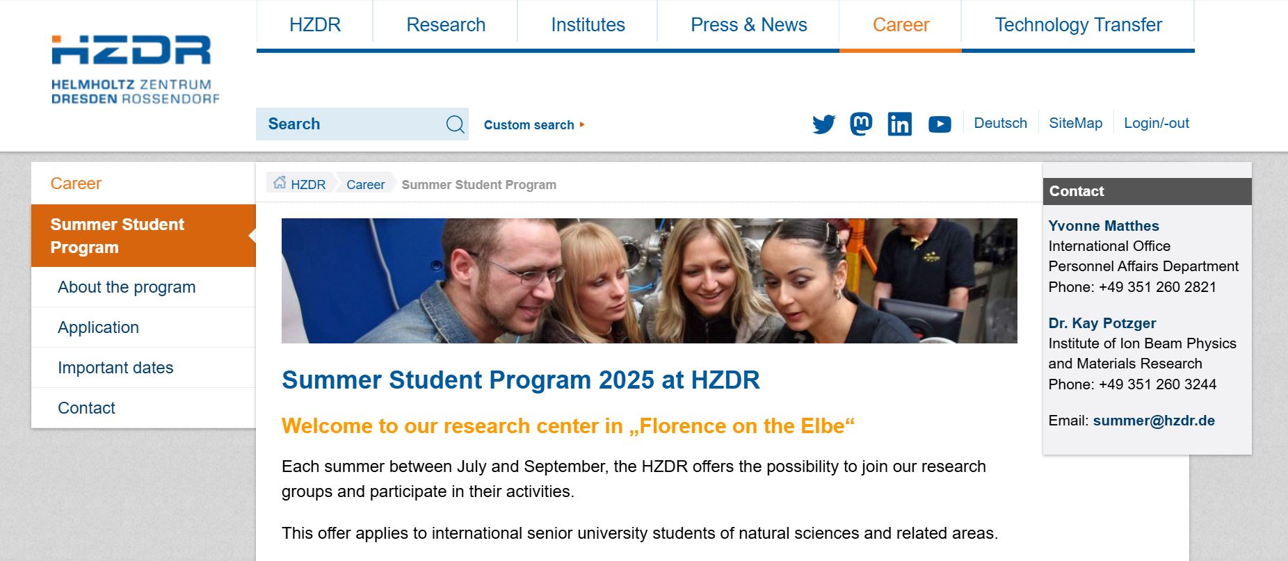 HZDR Summer Student Program 2025 in Germany