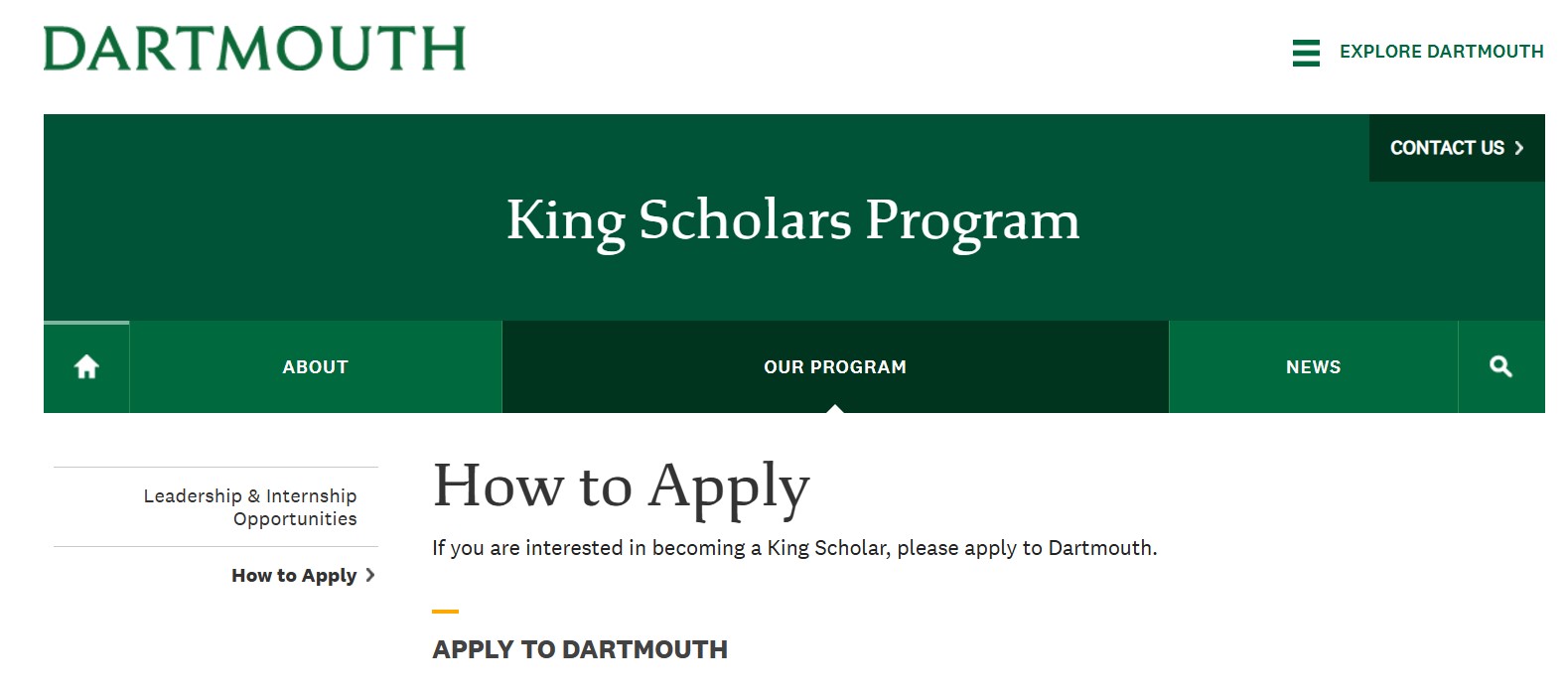 King Scholarship at Dartmouth College 2025