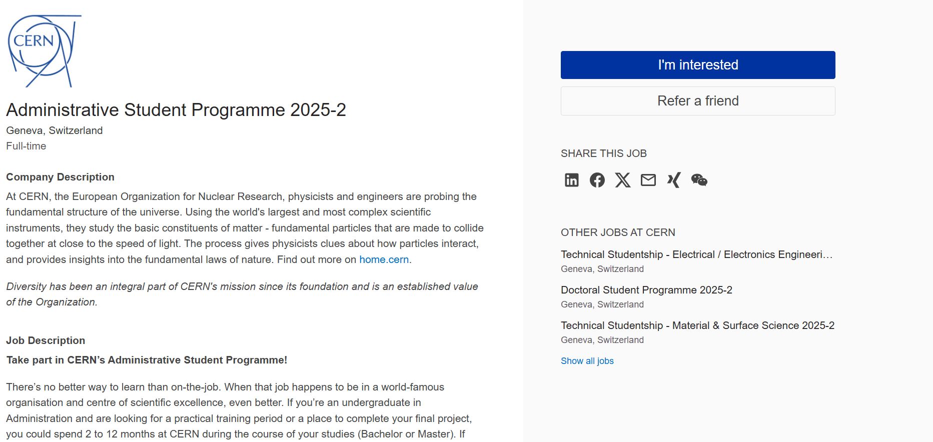 CERN Administrative Student Programme 2025 in Switzerland