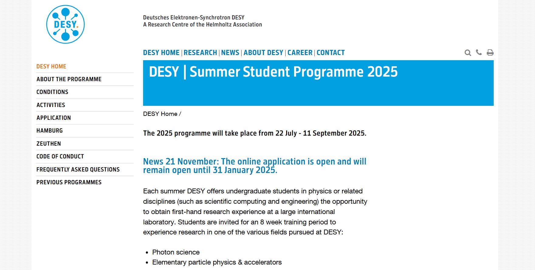 DESY Summer Student Program 2025 in Germany