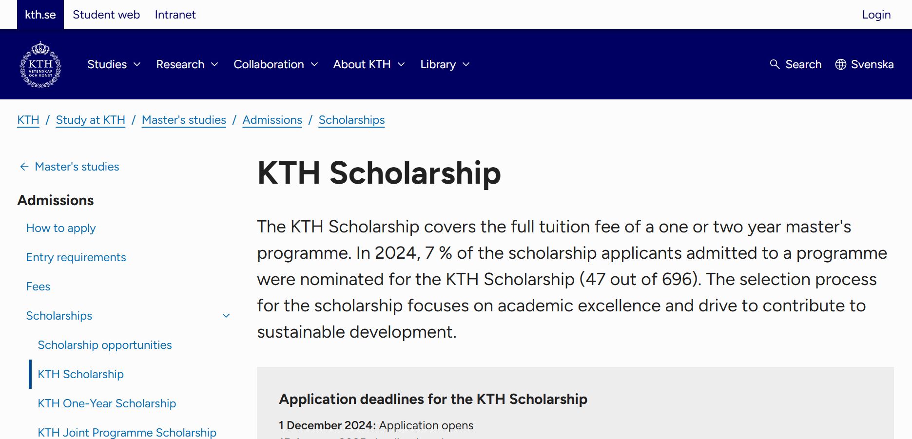 KTH Scholarship 2025 in Sweden