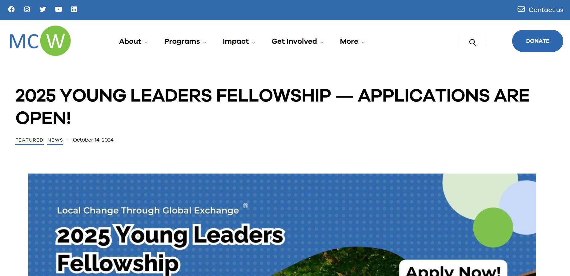 MCW Young Leaders Fellowship 2025 in USA