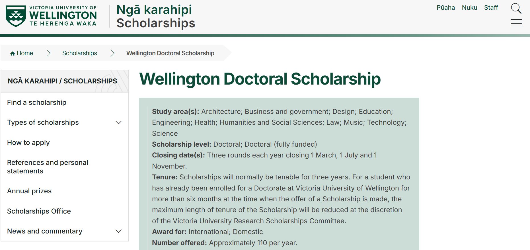 Wellington Doctoral Scholarship in New Zealand 2024-2025