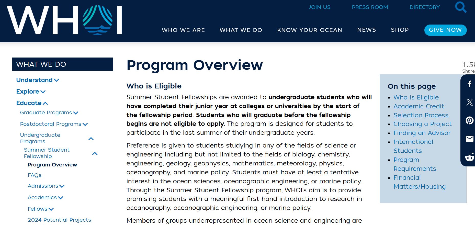 Woods Hole Summer Student Fellowship 2025 in the USA