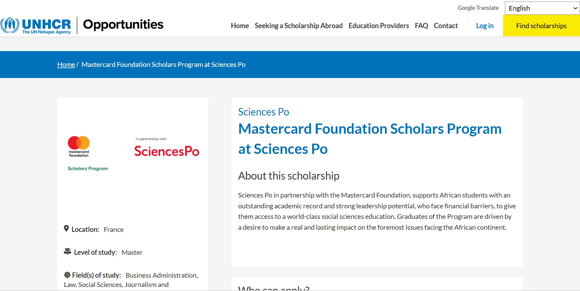 Sciences Po Mastercard Foundation Scholars Program 2025