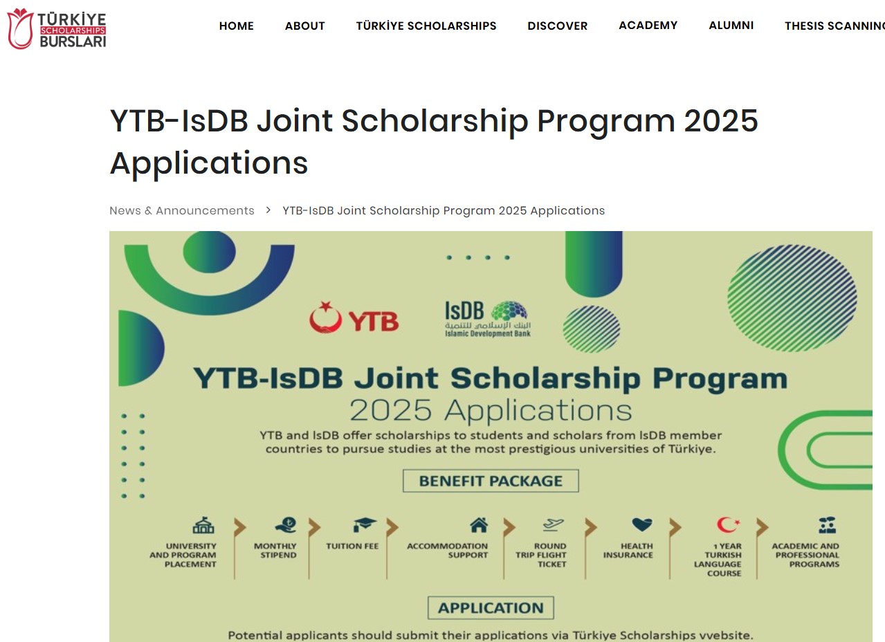 Turkey Government YTB-IsDB Joint Scholarship