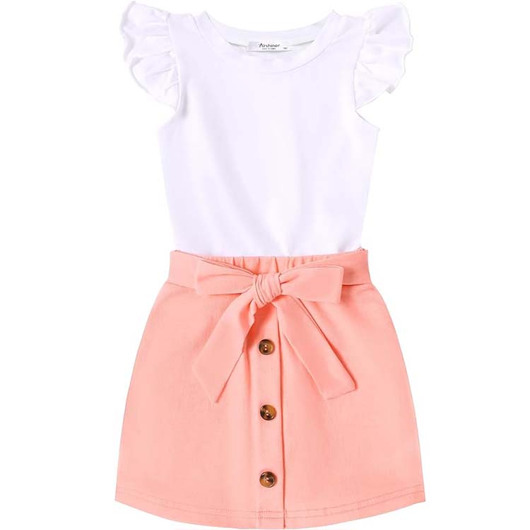 Arshiner Toddler Girl's 2 Pieces Ruffle Sleeveless Tops and Belt Skirt
