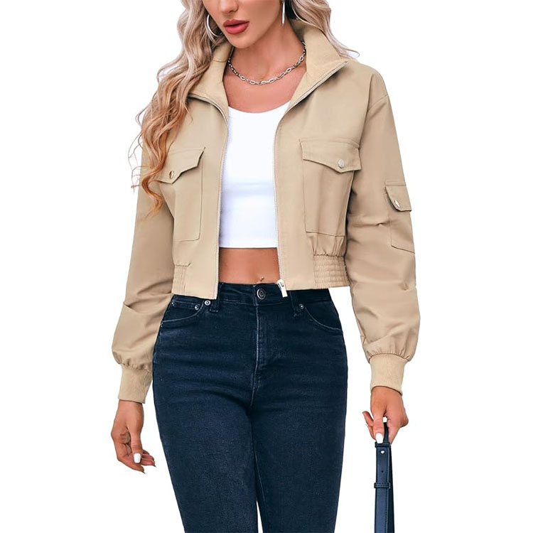 Fisoew Women's Cropped Bomber Jacket with Pockets