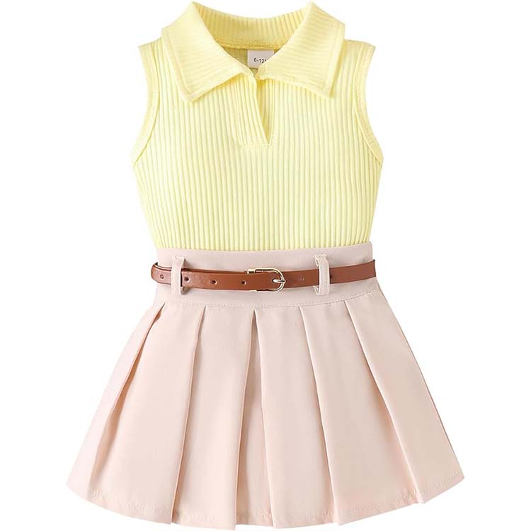 Lucikamy Baby Girl Sleeveless Knit Vest Top + Pleated A-Line Skirt Set