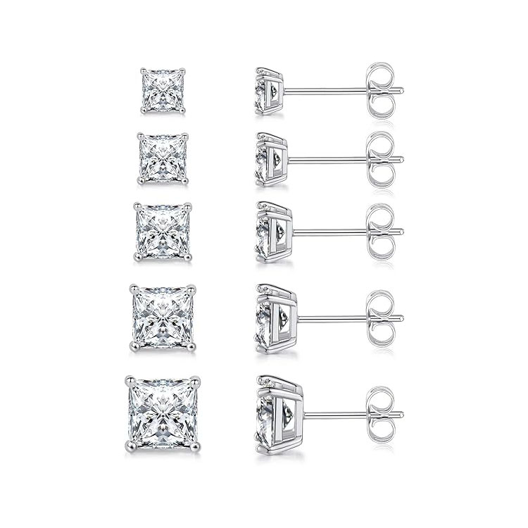 MDFUN 18K Princess Cut Square Clear Cubic Zirconia Stud Earring Pack