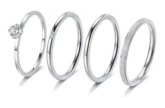 MDFUN 4 Pcs 18K White Gold Plated Stainless Rings Set