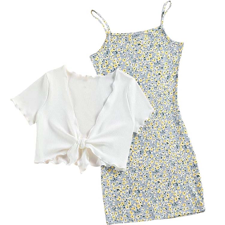 OYOANGLE Girl's 2 Piece Floral Print Sleeveless Dress and Short Sleeve Trim Tie Front Top
